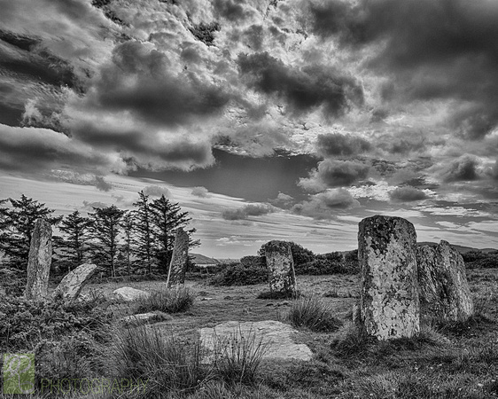 Dereenataggert Stone Circle under Stormy Skies, monochrome